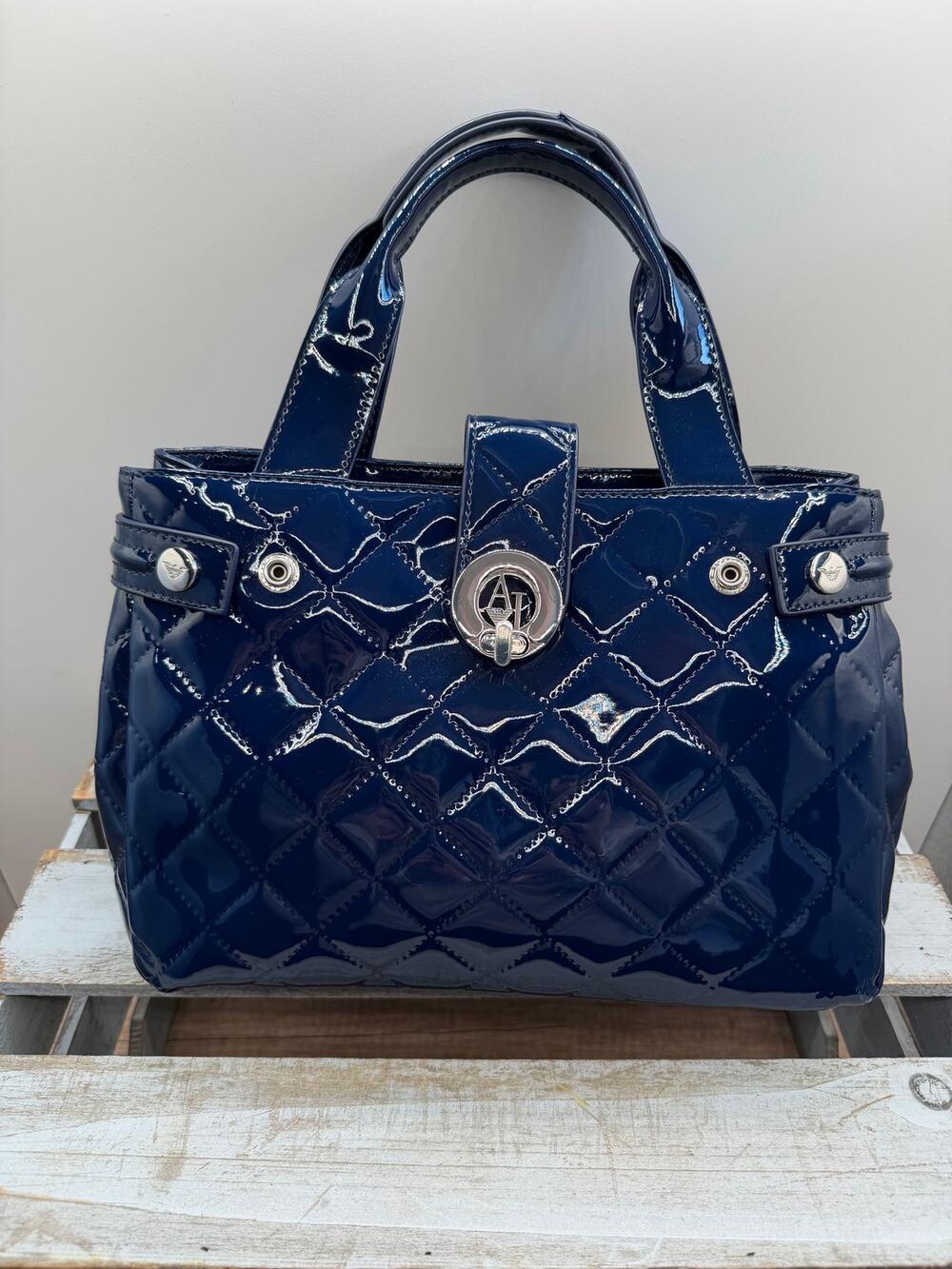 Armani Jeans Navy Blue Quilted Patent Leather Bowler Tote Handbag with Dust Bag